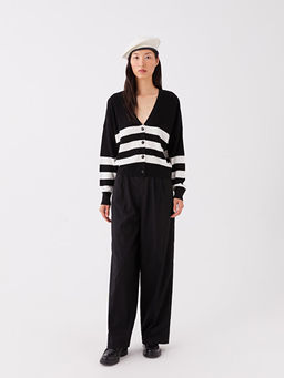 V Yaka Renk Bloklu Uzun Kollu Kad?n Triko H?rka