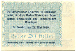 Банкнота 20 геллеров 1920 года Австрия  Рейхенталь (нотгельд)