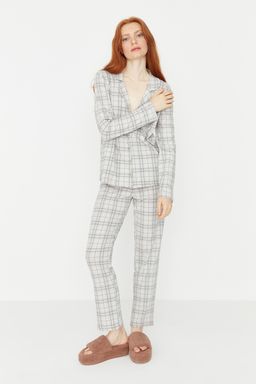 Trendyolmilla Bej %100 Pamuklu Ekoseli Orme Pijama Tak?m? THMAW20PT0266