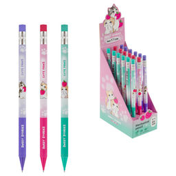 Цена за 3 шт. Карандаш автомат. MESHU "Nice kittens" 0.7мм (MS_67224) с ластиком, корпус с рисунком ассорти.