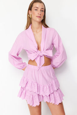 TRENDYOLMILLA Plaj Giyim Briddal Beyaz Mini Dokuma Brode Detayl? Flaml? Pamuk Plaj Etek TBESS24ET00004 фото 21