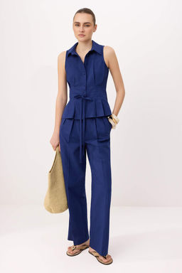 Lacivert Keten Gorunumlu Yelek Pantolon Dokuma Alt - Ust Tak?m TWOSS26AU00104