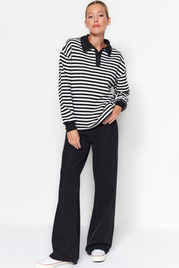 TRENDYOLMILLA Mavi Cizgili Polo Yaka Kal?n Ici Polarl? Oversize Orme Sweatshirt TWOAW24SW00344 фото 2