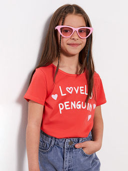 Bisiklet Yaka Bask?l? K?sa Kollu K?z ?ocuk Ti??rt