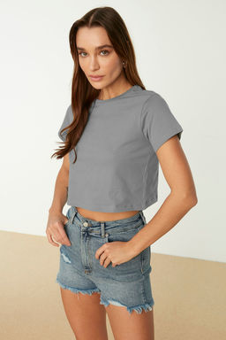 Gri-Mint 2li Paket %100 Pamuk Crop Bisiklet Yaka Orme T-Shirt TWOSS20TS1480