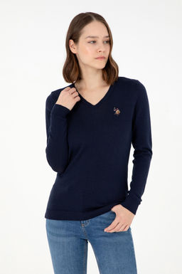 Женский темно-синий базовый свитер с v-образным вырезом Неожиданная скидка в корзине