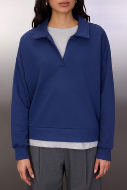 Lacivert Polo Yaka Cift Katl? Orme Sweatshirt TWOAW26SW00127