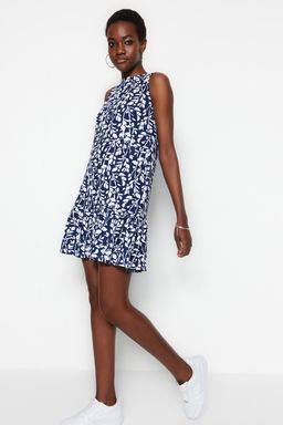 Indigo Cicek Bask?l? S?f?r Kol Volanl? Shift/Duz Mini Esnek Orme Elbise TWOSS22EL0794