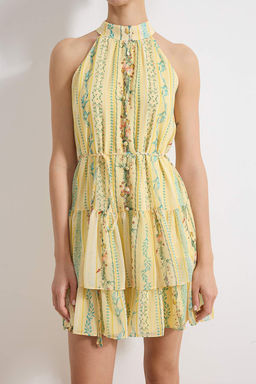 Sar? Cicek Desenli A-Kesim Boho Kat Kat Astarl? Sifon Ucus Ucus Dokuma Mini Elbise TWOSS23EL02056