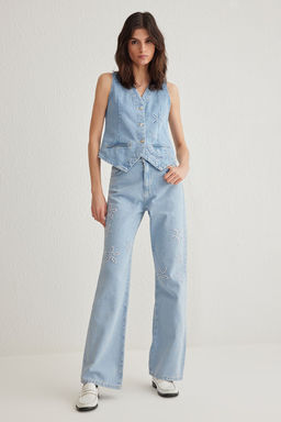 Ac?k Mavi Cicek Nak?sl? Yuksek Bel Wide Leg Jeans TWOSS25JE00047