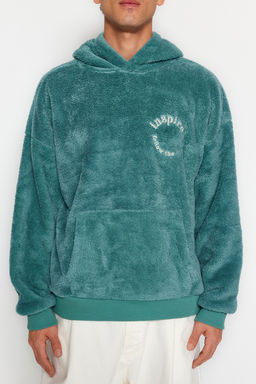 Mint Oversize/Genis Kesim Kapusonlu Uzun Kollu Yaz? Nak?sl? Pelus Sweatshirt TMNAW24SW00028 - Trendyolmilla фото 5