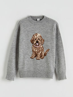 Bisiklet Yaka Desenli K?z ?ocuk Triko Kazak