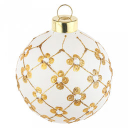 Елочная игрушка шар стеклянная д8см, белый металлик, ручная художественная роспись, подарочная упаковка (Россия)