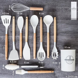 Кухонный набор 12 предметов в подставке/ KNA-140 /уп 16/ приборы силикон/дерево /0,8/Молочный - Галеонтрейд фото 3