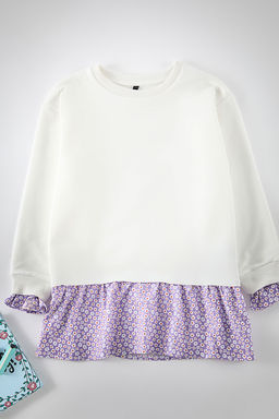 Ekru K?z Cocuk Cicekli Orme Sweatshirt TKDAW25SW00024