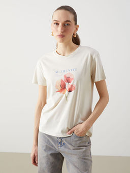 Bisiklet Yaka ?i?ekli Penye Kad?n Ti??rt