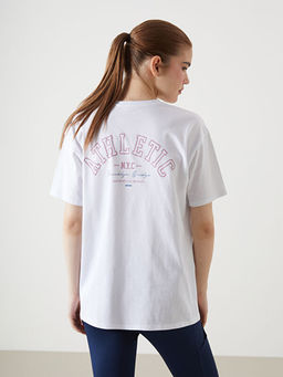 Bisiklet Yaka Bask?l? Oversize Kad?n Spor Ti??rt