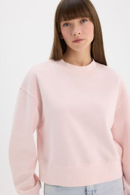 Boxy Fit Bisiklet Yaka Basic Duz Kal?n Sweatshirt Kumas? Sweatshirt
