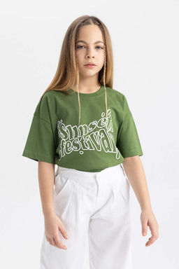 Футболка с короткими рукавами и принтом для девочек Relax Fit - Defacto фото 4