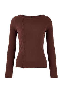 Kahverengi Dugmeli Bisiklet Yaka Vucuda Oturan Fitilli Esnek Orme Bluz TWOAW26BZ00104
