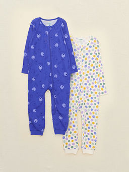 Bisiklet Yaka Uzun Kollu Bask?l? Organik Pamuklu K?z Bebek Tulum 2li