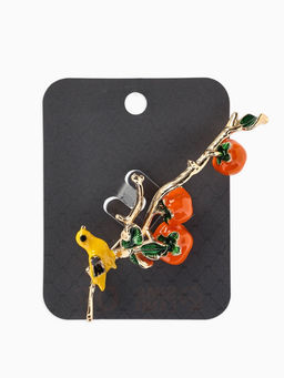 Брошь «Птица на ветке» хурма, цвет оранжевый в золоте