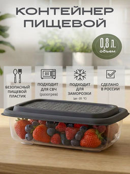 Контейнер для продуктов Гурман 0,8л, 19,4х13,1х5,2см, полипропилен, графит, подходит для СВЧ и заморозки (Россия)