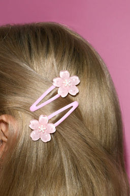 Набор заколок для волос клик-клак, глянцевые, арт. 71731 / 10 ЦВЕТОЧКИ (в наборе: 2шт., 5,8 см, черный металл, полиуретановая смола, цвет: розовый, подложка из мелованного картона + ПЭТ-пакет с европодвесом)