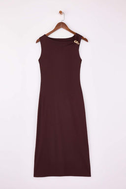 Koyu Kahverengi Bodycon Asimetrik Yaka Aksesuar Detayl? Maxi Esnek Orme Elbise TWOSS26EL00026