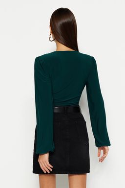 TRENDYOLMILLA Siyah Balon Kol V Yaka Fitted/Vucuda Oturan Esnek C?tc?tl? Orme Body TWOSS23BD00030 фото 13