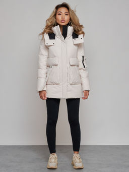 Зимняя женская куртка модная с капюшоном бежевого цвета 589827B - RoccaManer фото 2