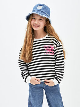 Bisiklet Yaka ?izgili Uzun Kollu K?z ?ocuk Sweatshirt