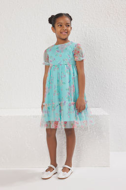 Mint K?z Cocuk Cicekli Balon Kol Bayraml?k Dokuma Elbise TKDSS25EL00027