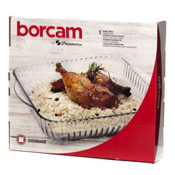 "Боркам (Borcam)" Форма стеклянная жаропрочная 3,2л, 28х28х6см, квадратная, волнистый край, цветной картон, Pasabahce (Турция)