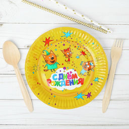 Цена за 2 шт. Тарелка бумажная «Три кота», 6 шт., 17 см, цвет жёлтый