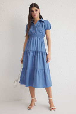 TRENDYOLMILLA Indigo Etegi Belden Ac?lan Gipeli Midi Dokuma Elbise TWOAW25EL00601