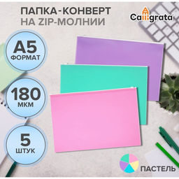 Набор папок-конвертов на ZIP-молнии А5 Calligrata «Акварель», 180 мкм, 5 штук, полупрозрачные, МИКС