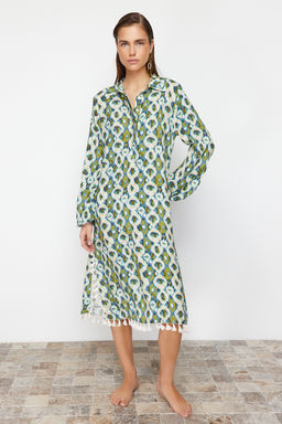 Geometrik Desenli Maxi Dokuma Puskullu Plaj Elbisesi TBESS24EL00105 - Trendyolmilla фото 4