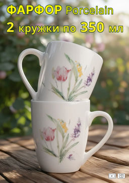 Кружка, 350 мл, 2 шт, фарфор P, белый, Акварельные цветы, Bouquet