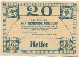 20 геллеров 1920 года Австрия Пинсдорф (нотгельд)
