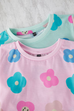 Pembe-Mint 4lu K?z Cocuk Cicek Desenli K?sa Kol T-Shirt-Sort Pijama Tak?m? TKDSS25PT00020 - Trendyolmilla фото 2