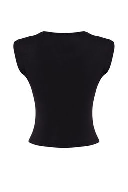 Trendyolmilla Siyah Fitted/Vucuda Oturan Buzgu Detayl? Kolsuz Esnek Orme Bluz TWOSS24BZ00518
