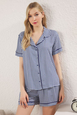 Trendyolmilla Lacivert Ekoseli Kurdele/Fiyonklu ve Biyeli Viskon Sortlu Dokuma Pijama Tak?m? THMSS25PT00279 фото 2