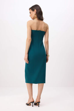 Petrol Straplez Dugme Detayl? Midi Esnek Dokuma Elbise TWOSS26EL00337
