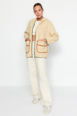 TRENDYOLMILLA Ekru Kal?n Polar Kontrast Biyeli Kapusonlu Relaxed/Rahat Kal?p Orme Sweatshirt TWOAW24SW00021  фото 2