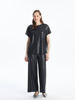 Beli Lastikli D?z Geni? Pa?a Kad?n Metalik Pantolon