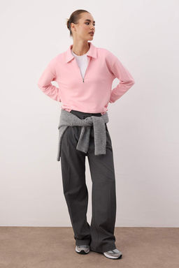 Ac?k Pembe Yar?m Pat Fermuarl? Regular/Normal Kal?p Orme Sweatshirt TWOAW26SW00108