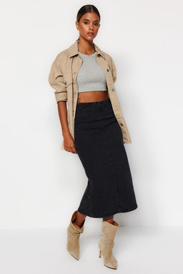 More Sustainable Siyah Dikis Detayl? Midi Kalem Comfort/Esnek Denim Etek TWOAW24ET00057