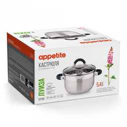 Кастрюля из нержавеющей стали "Луиза" 5,4л, д21,4см, h14см, s0,5мм, дно s2,9мм, стеклянная крышка, просиликоненные ручки, подарочная коробка, "Appetite" (Китай)