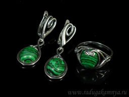 Кольцо Серьги с малахитом имитация размер 19